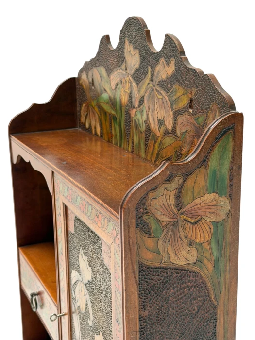 Aesthetic Movement Wall Cabinet, Hand-Painted Floral, Walnut, 1890s